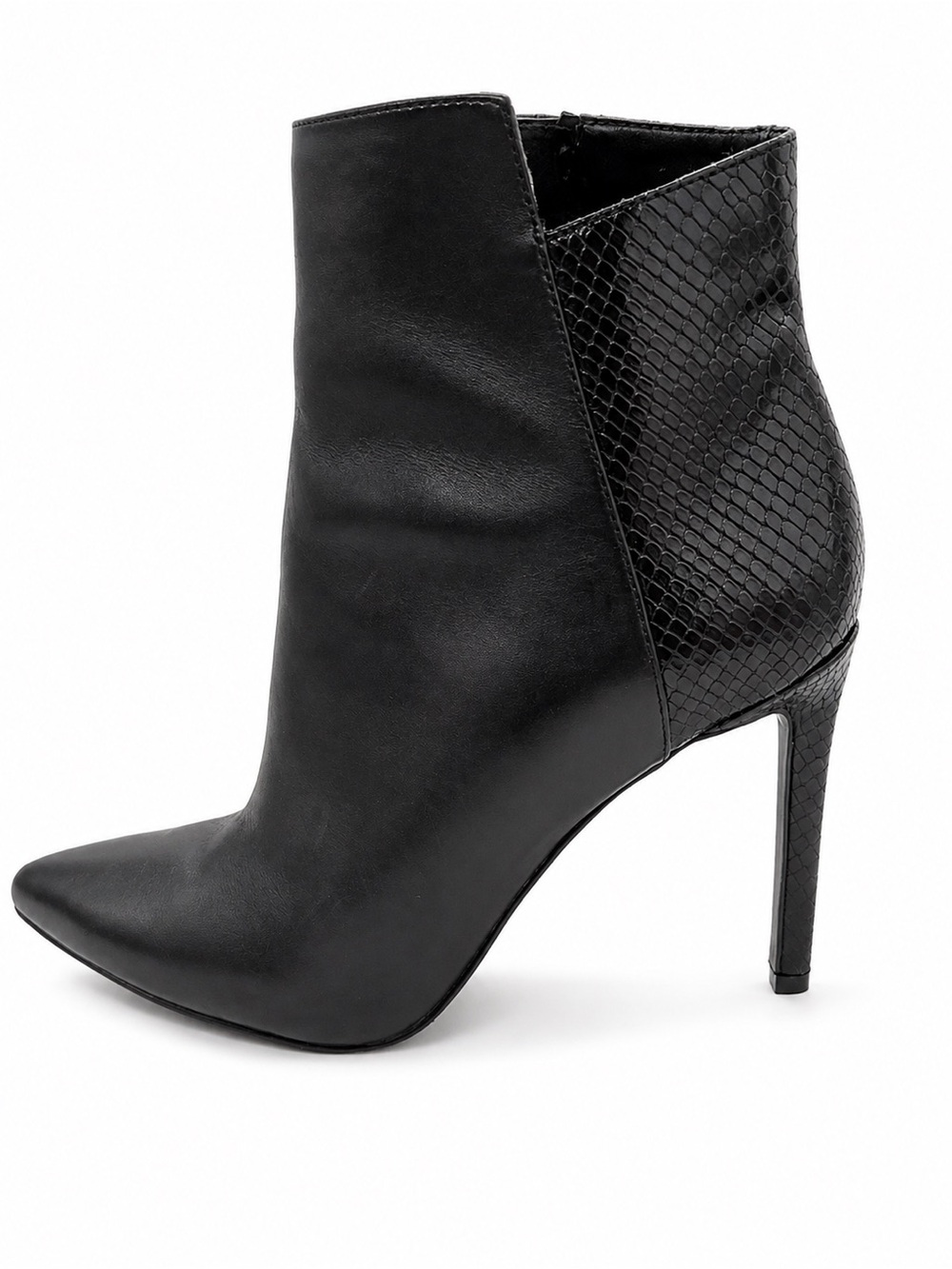 Nine West Black Pointed Toe Stiletto Ankle Boot with Snake-Print Back